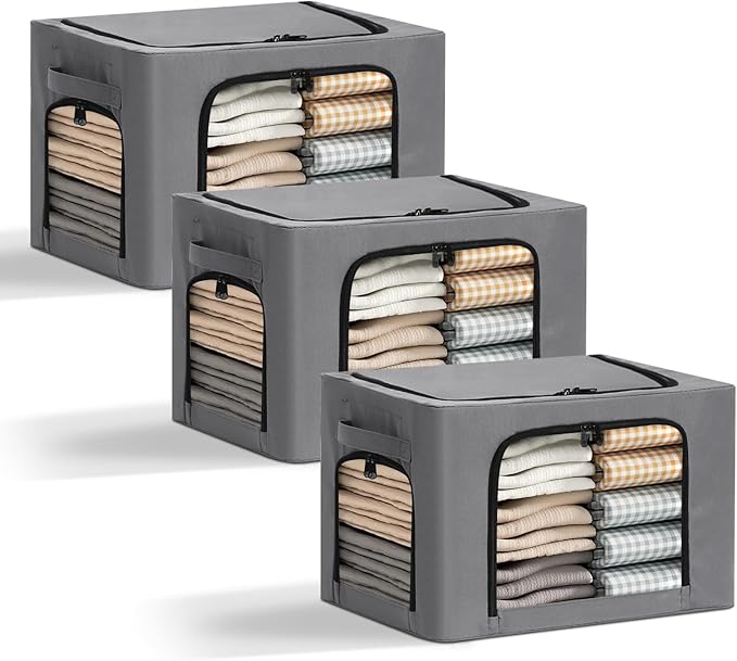 3-Pack Clothes Storage Bins with Metal Frame, Foldable 40L Linen Storage Boxes with Lids, Organizer with Clear Windows, Zippers & Durable Handles (Gray)-NeatNest