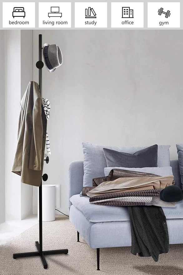 Coat Rack Freestanding, Black Coat Tree With 8 Hooks Metal Coat Stand for Entryway,Hallway, Bedroom, Office for Coats, Hanging Clothes, Jacket, Hats, Bags-NeatNest