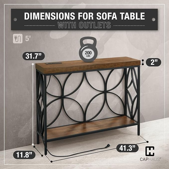 CAPHAUS 41” 2-Tier Industrial Sofa Console Thick Table w/Storage & Charging Station, Entrance Tableau w/ 2 Outlets, USB & Type-C Ports for Entryway, Living Room, Hallway, Foyer, Rustic, Butterfly-NeatNest