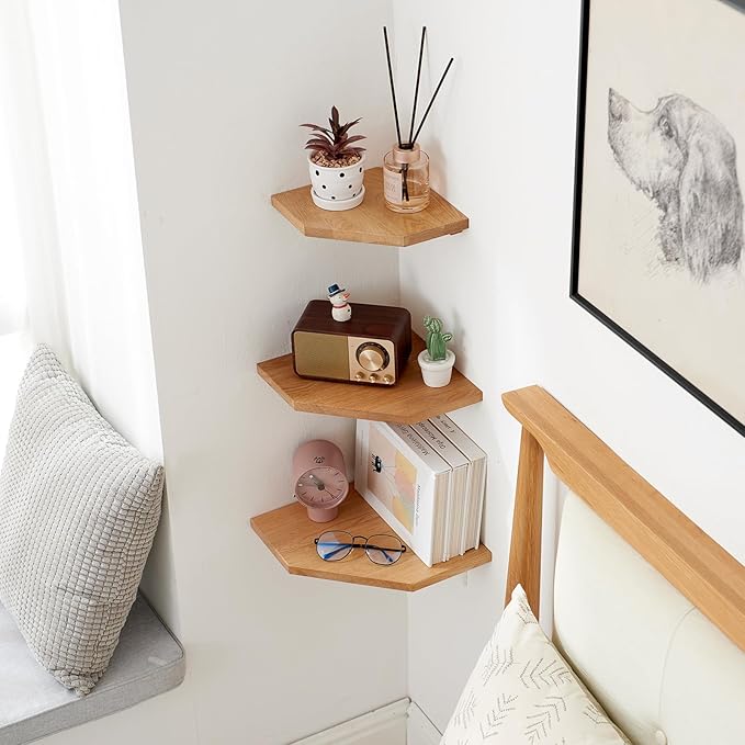Floating Corner Shelf Solid Oak Wood Corner Wall Shelf with Wire Hole for Cable, Small Plant Display Corner Shelf Wall Mount for Bedroom Living Room Kitchen, 7 inches-NeatNest