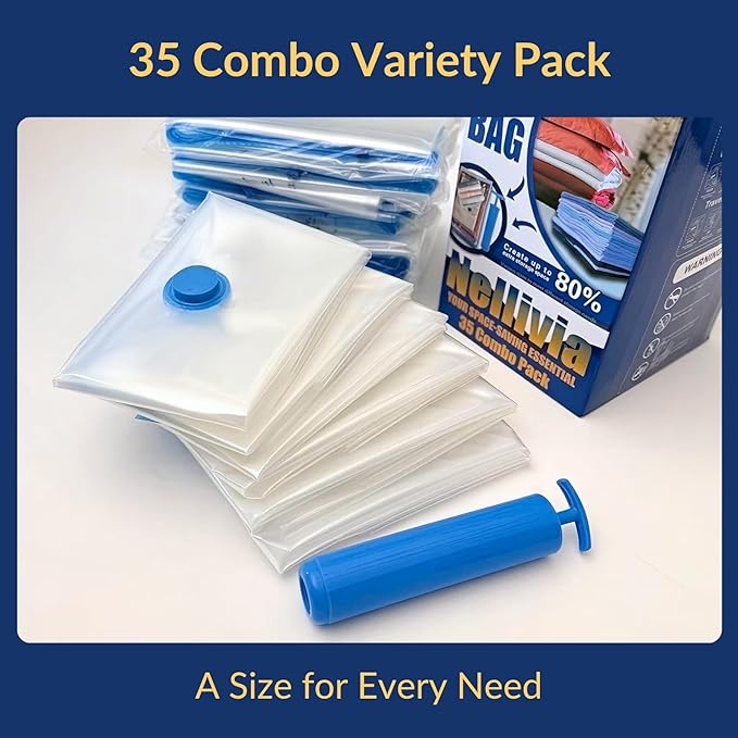 35 Pack Vacuum Storage Bags with Pump, Compression Space Saver for Comforters, Bedding, Blanket Storage, Vacuum Seal Bags for Clothing, Luggage and Closet Organizer, Safe Poly Material-NeatNest