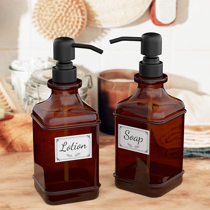 GLADPURE Soap Dispenser 2 Pack, Hand Soap Dispensers with 18 Oz Antique Design Thick Amber Glass Bottle, 316 Rust Proof Stainless Steel Black Pump, 6Pcs Stickers, for Lotion, Soap, Essential Oil-NeatNest