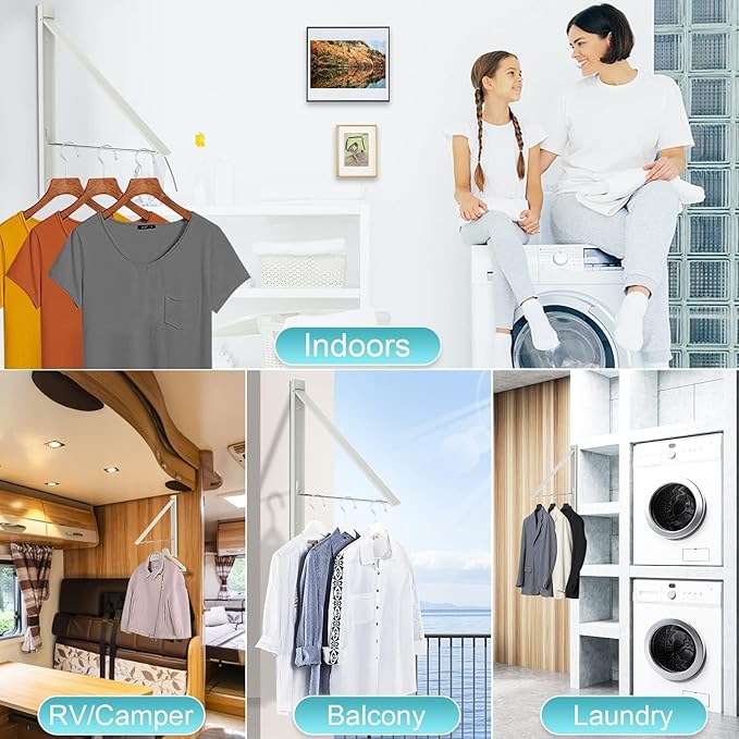 Wall Mounted Drying Rack - No Drill Installation, Space Saving Foldable Clothes Rack for Laundry Room, Dorm, Apartment,RV, Closet. Heavy Duty & Rustproof Aluminum Alloy (White)