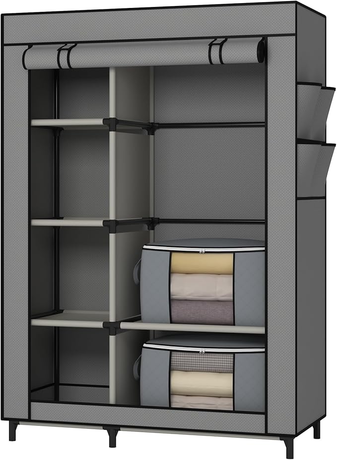 Calmootey Portable Closet, Wardrobe with 6 Shelves and Hanging Rod, Storage Organizer for Bedroom, Non-Woven Fabric Cover with 4 Side Pockets, Includes 2 Storage Bags for Clothes, Grey-NeatNest