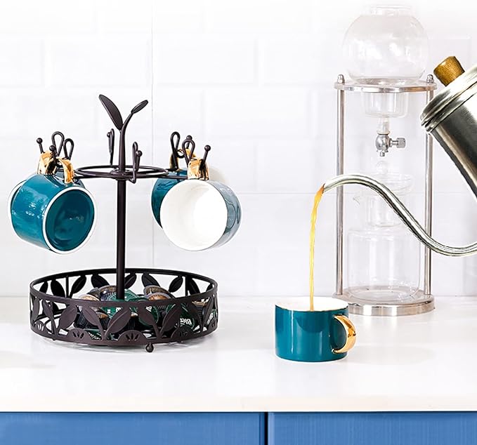 Coffee Mug Holder with Coffee Pod Basket Storage, Rotatable 6-capacity Cup Mug Holder Tree, Coffee Counter Bar Accessory & Kitchen Organizer-NeatNest