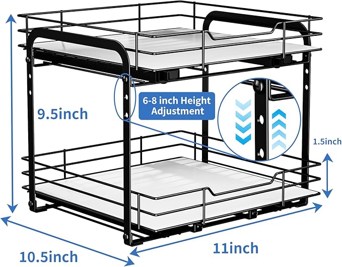 2-Tier Spice Rack Organizer, Pull Out Spice Rack for Cabinet, Height Adjustable Heavy Duty Metal Basket for Inside Cabinet & Pantry (11.5''Wx10.5''Dx9.5''H)-NeatNest