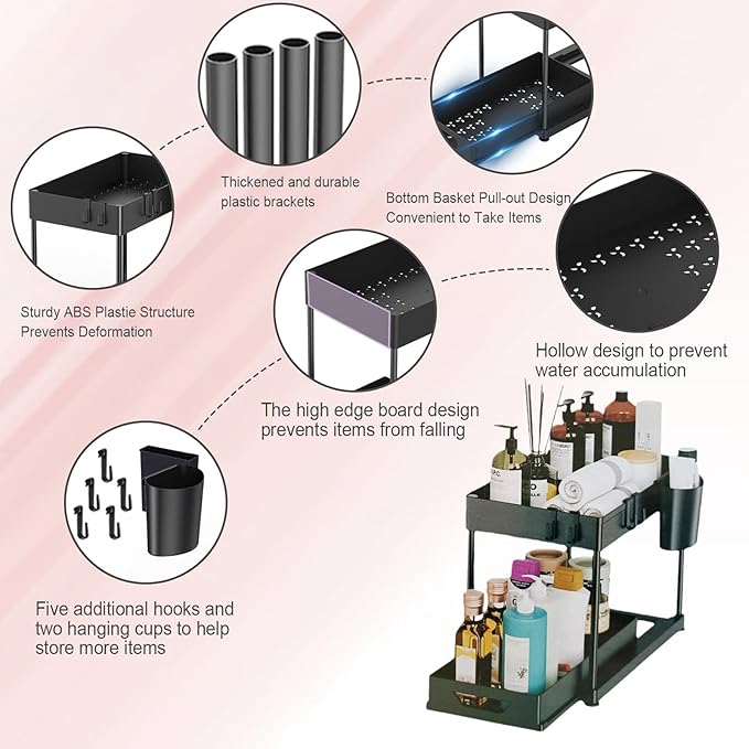 2 Layers Multi-Purpose Pull-Out Storage Organizers, Under Sink Organizers and Storage for Bathroom & Kitchen, Under Cabinet Organizers and storage, under sink drawers storage，Black-NeatNest