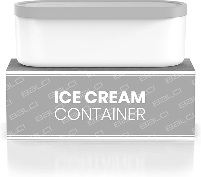 BALCI - Ice Cream Container - 2 Quart - Perfect Reusable Freezer Storage for Homemade Ice Cream Tubs for Sorbet, Frozen Yogurt and Gelato! - Flexible Silicone Lids, Long Scoop, Stackable - Grey