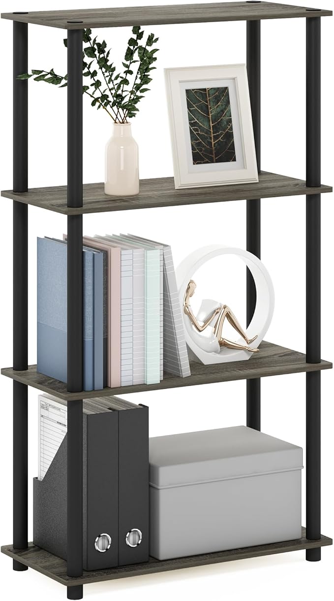 Furinno (99557GYW/BK) Turn-N-Tube 4-Tier Multipurpose Shelf Display Rack - French Oak Grey/Black-NeatNest