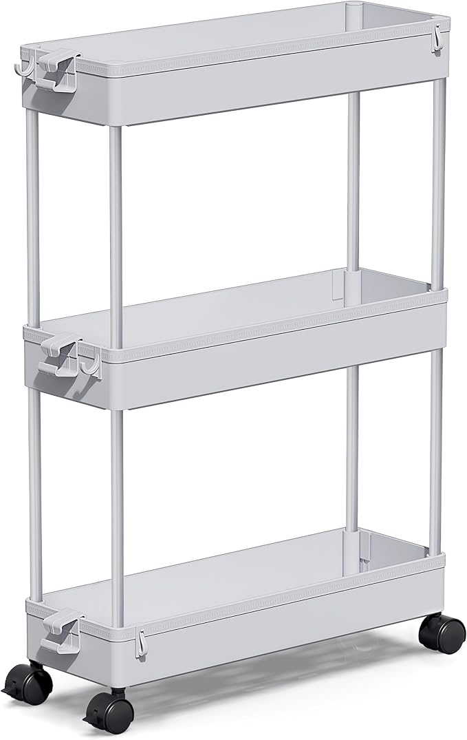 SPACEKEEPER Slim Rolling Storage Cart, 3 Tier Storage Organizer Laundry Room Organizer Mobile Shelving Unit, Multi-Purpose for Kitchen Office Bathroom Laundry Narrow Places, Gray-NeatNest
