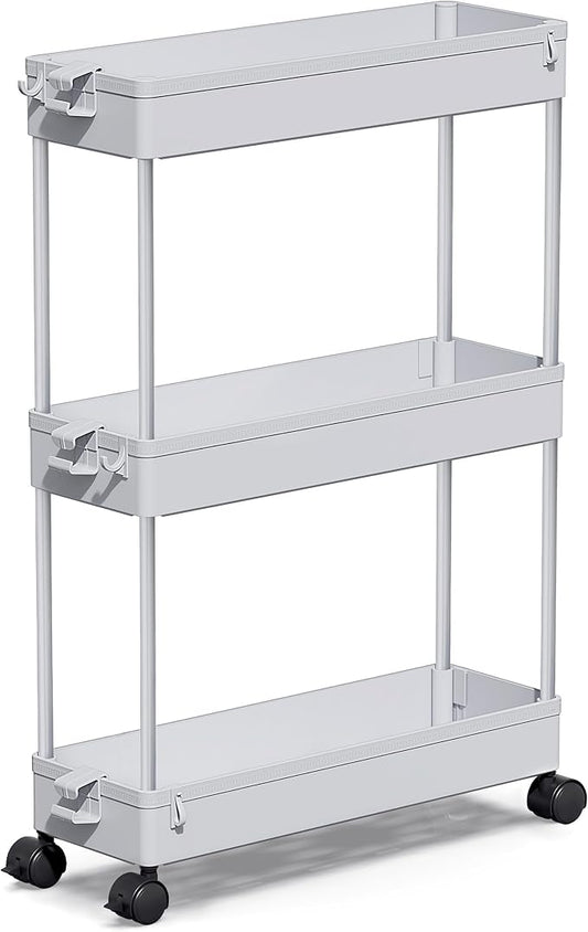 SPACEKEEPER Slim Rolling Storage Cart, 3 Tier Storage Organizer Laundry Room Organizer Mobile Shelving Unit, Multi-Purpose for Kitchen Office Bathroom Laundry Narrow Places, Gray-NeatNest