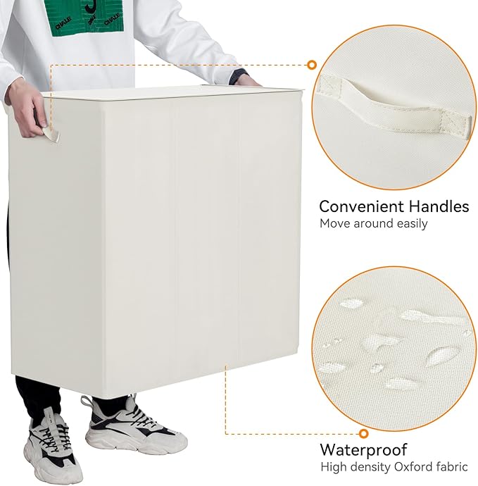 WOWLIVE 180L Laundry Hamper with Lid 3 Section,Large Laundry Basket with Removable Bags and Handles,Collapsible Dirty Clothes Hampers for Laundry,Laundry Basket Organizer for Laundry Room,Dorm,Beige-NeatNest