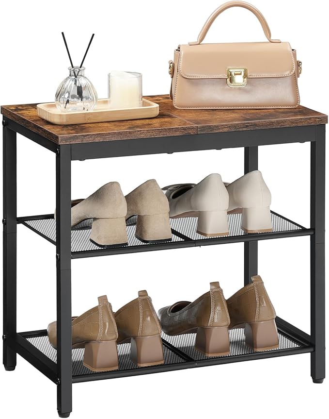 HOOBRO Shoe Bench, 3-Tier Shoe Rack, Industrial Shoe Organizer Storage Bench, 19.7 inches Entry Bench with Mesh Shelves, for Entryway, Living Room, Hallway, Easy Assembly, Rustic Brown BF50HX01-NeatNest
