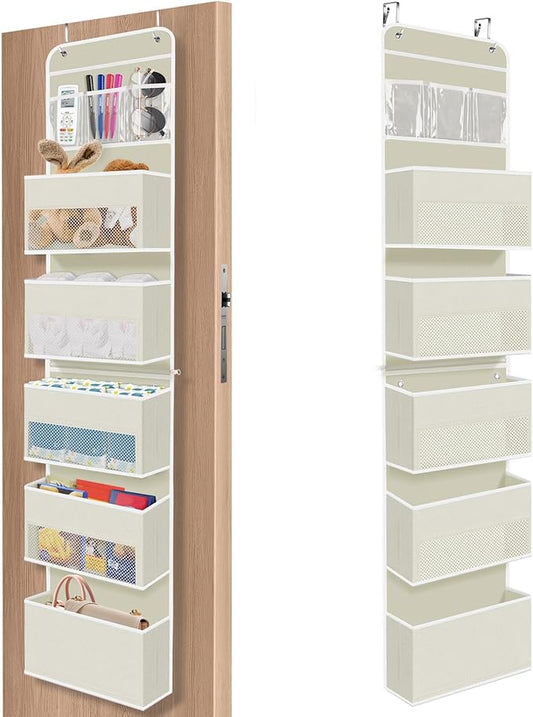 6-Tier Over The Door Organizer, Hanging Storage Organizer with Clear Window, 40lb Ultra Sturdy Large Capacity Room Organizer for Pantry Bathroom Nursery Closet Baby Essential (Beige)-NeatNest