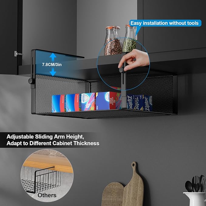 2Pack Under Shelf Basket Organizer,Adjustable Hanging Holder for Cabinet Pantry Kitchen Cupboard Desk Counter Bookshelf Organization Add-on Space Saver Heavy Duty Slide-in (Black, Large)