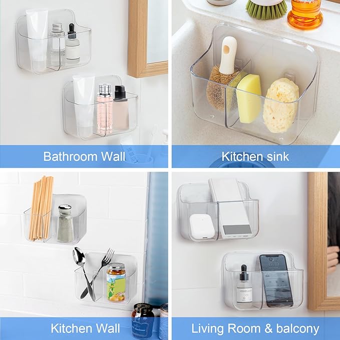 2pc Acrylic Wall Mount Organizer, Adhesive Clear Cabinet Door Organizer,Bathroom Shelves for Wall,No Drilling Hang Walls,with 2 Compartments, for Bathroom, Kitchen, Living Room-NeatNest