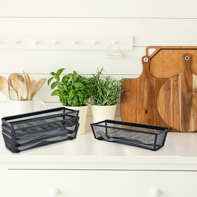 2PCS Drawer Organizer, Mesh Drawer Organizer with Interlocking Arm for Utensil, Cosmetic, Flatware, Pen (9 * 3 * 2 Inches, Black)-NeatNest