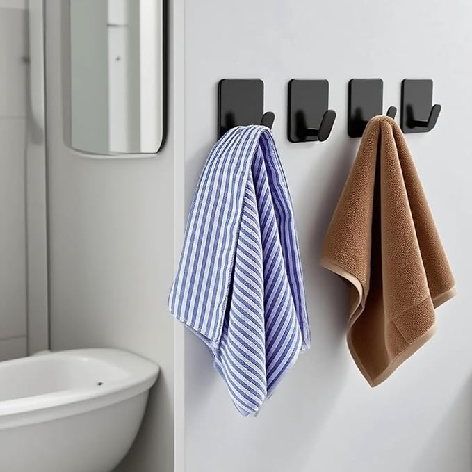 4-Pack Adhesive Wall Hooks – Matte Black Stainless Steel for Bathroom, Kitchen, RV, and Home – No Drilling, Strong Hold, Perfect for Hanging Towels, Coats, Keys, and Bathroom Decor