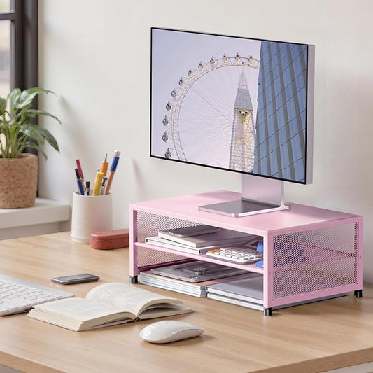 Computer Monitor Stand Riser, Desk Organizers and Accessories, Printer & Laptop Stand, Office Desk Accessories & Desktop Workspace Organizers for Office Supplies (Pink)-NeatNest