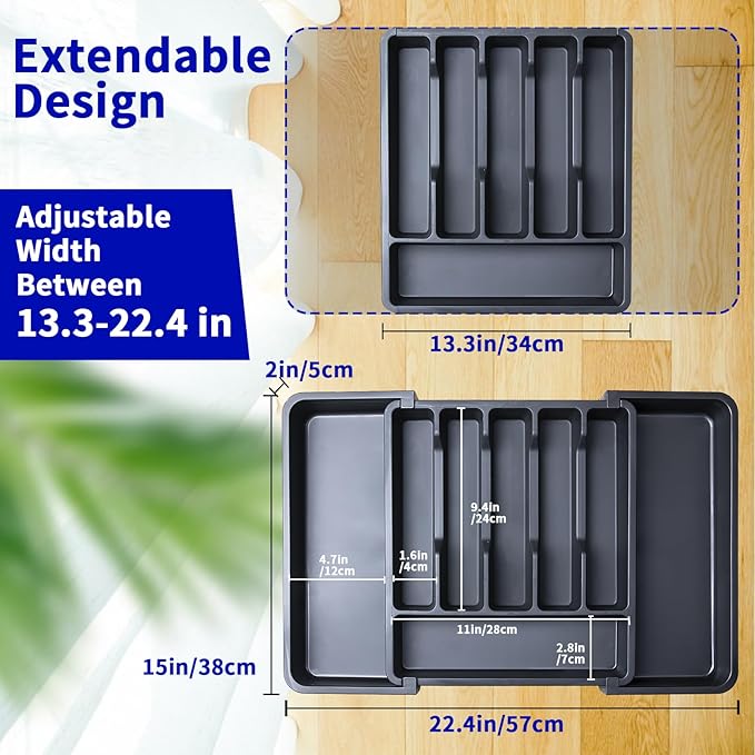 INFTYLE Kitchen Utensil Drawer Organizer,Expandable Utensil tray for Kitchen,Plastic Spatula Tools Adjustable Cutlery Storage for Forks, Knives, Multipurpose Kitchen Organizers,Black-NeatNest