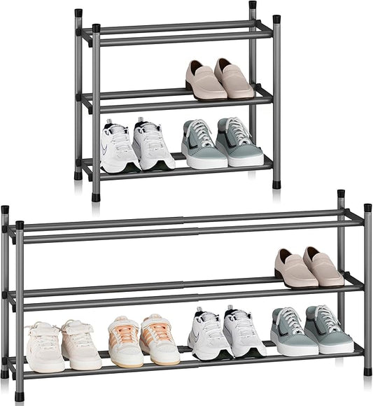 STORAGE MANIAC Expandable Shoe Rack, 12 Pairs Stackable Small Shoe Rack, Metal Adjustable Shoes Organizer for Closet, Entryway, Hallway, Garage, Front Door, Shoes Shelves, Black 3 Tier-NeatNest