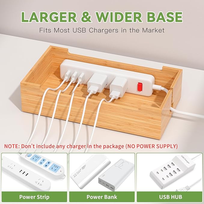 Pezin & Hulin Bamboo Charging Stand Rack, Wooden Charge Box for Mobile Phones, Tablets, Smart Watch and Earbuds, Wire Cable Organizer Box, Bedside Dock Stand Holder (NO Power Adapter Supply) -Natural