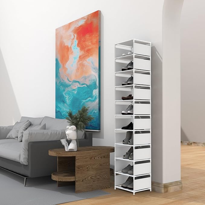 Narrow Shoe Rack, 10 Tier Vertical Shoe Rack for Closet Entryway, White Tall Slim Shoe Tower for Small Spaces, Shinky Shoe Organizer, Space Saving Corner Shoe Shelf-NeatNest