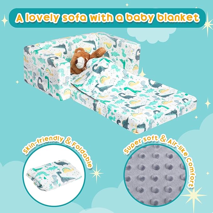 ALIMORDEN Fold Out Toddler Couch, Extra Wide Comfy 2-in-1 Cuddly Sherpa Sofa for Kids, with Removable Baby Friendly Blanket, Convertible Sofa to Bed, Dinosaur-NeatNest
