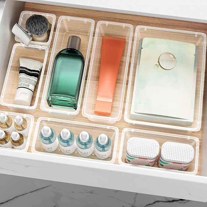 12 PCS Drawer Organizer Set, 4 Sizes Storage Drawer Units, Clear Plastic Makeup Vanity Organizer and Storage Bins for Makeup, Stationeries, Multiple Gadgets for Bathroom, Office, Bedroom-NeatNest