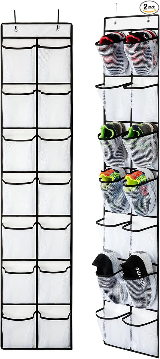 KEEPJOY Over the Door Shoe Organizer, Hanging Shoe Organizer with 4 Hooks, Shoe Holder with 14 Mesh Pockets Closet Door Shoe Storage Bag (White-2Pack)-NeatNest
