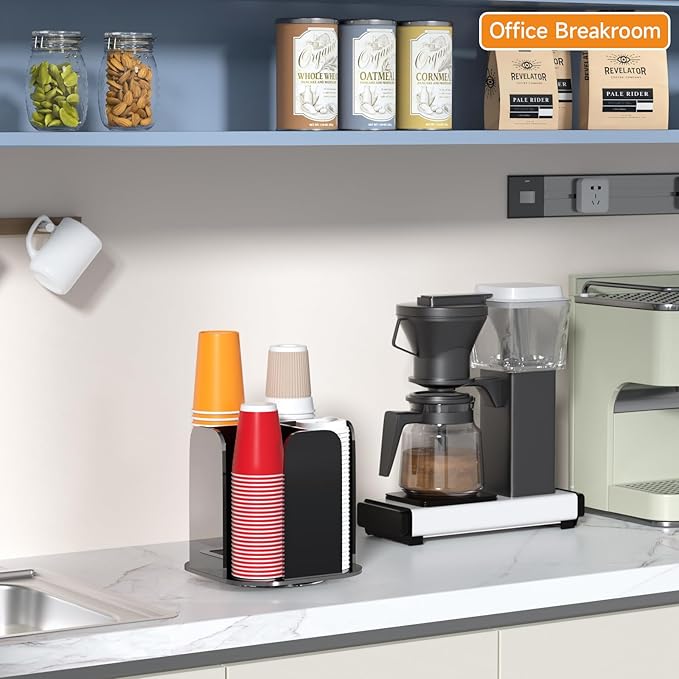 Beego Coffee Cup Holder Organizer - Rotatable 4 Compartments Black Acrylic Cup Dispenser Station With Lid Carousel - Countertop Plastic Cup Holder for Restaurant Breakroom Bar Accessories-NeatNest