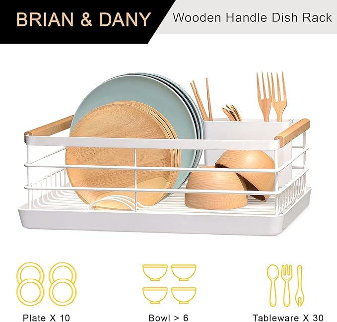 BRIAN & DANY Dish Drying Rack, Dish Racks for Kitchen Counter, Stainless Steel Dish Drainer with Removable Cutlery Holder & Drainboard, White