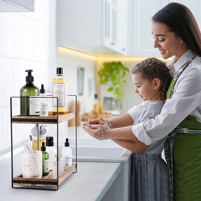2-Tier Countertop Organizer for Bathroom Counter Wood Bathroom Counter Organizers Shelf Cosmetic Storage, Standing Vanity Tray for Room Organization and Decor