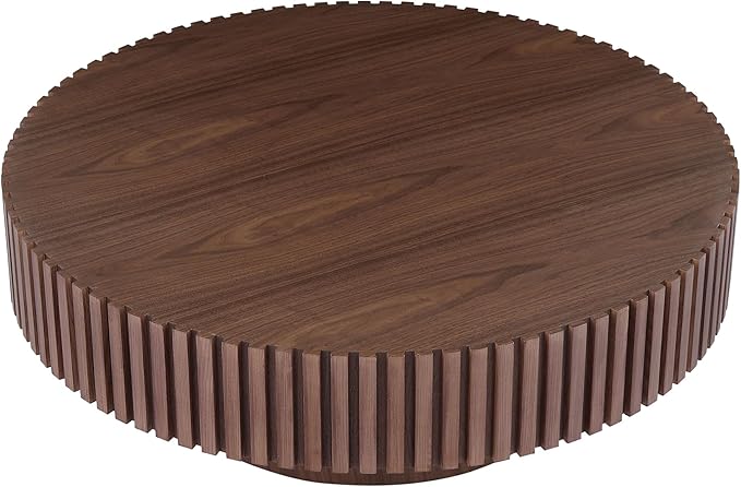 kevinplus 31.49'' Round Coffee Table Modern Wood Coffee Table for Living Room, Contemporary Circle Fluted Drum Style, Easy Assembly, Walnut (ø31.49'' x 13.77'')