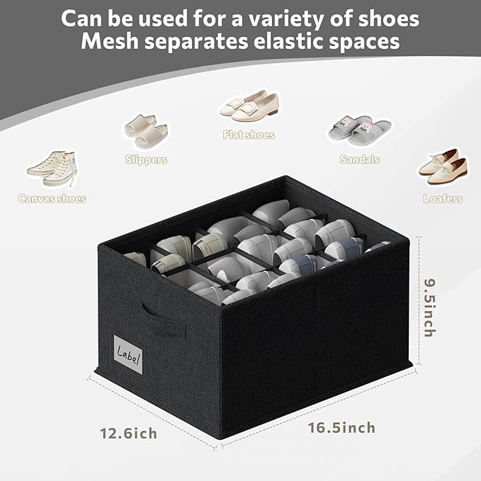 2 Pack Shoe Organizer for Closet,Fits up to 24 Pairs,Fabric Shoe Storage Bins,Large Shoe Box Storage Containers with Bottom Support for Shoes (Black, (16.5 * 12.6 * 9.5) x1)-NeatNest