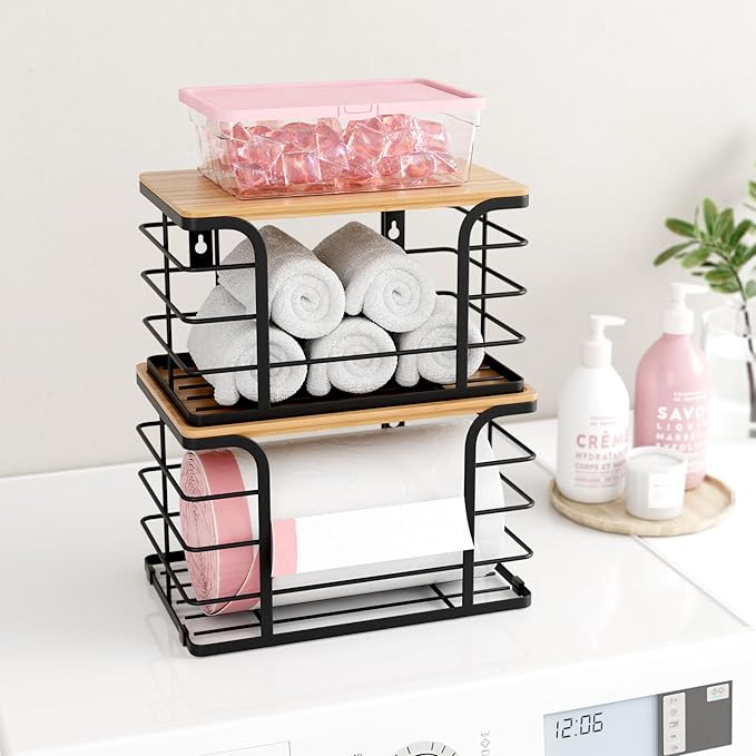 2 Pack Extra Large Stackable Pantry Organizers and Storage,Wall Mount Trash Bag Holder Dispenser with Bamboo Top for Kitchen Laundry Room Organization,Black-NeatNest