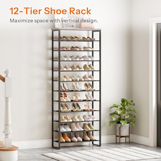 HOOBRO Shoe Rack, 12-Tier Shoe Storage Organizer, Large Capacity Shoe Shelf for Front Door Entrance, Entryway, Closet, Holds 36-48 Pairs of Shoes, Closet, Greige and Black BG127XJ01-NeatNest