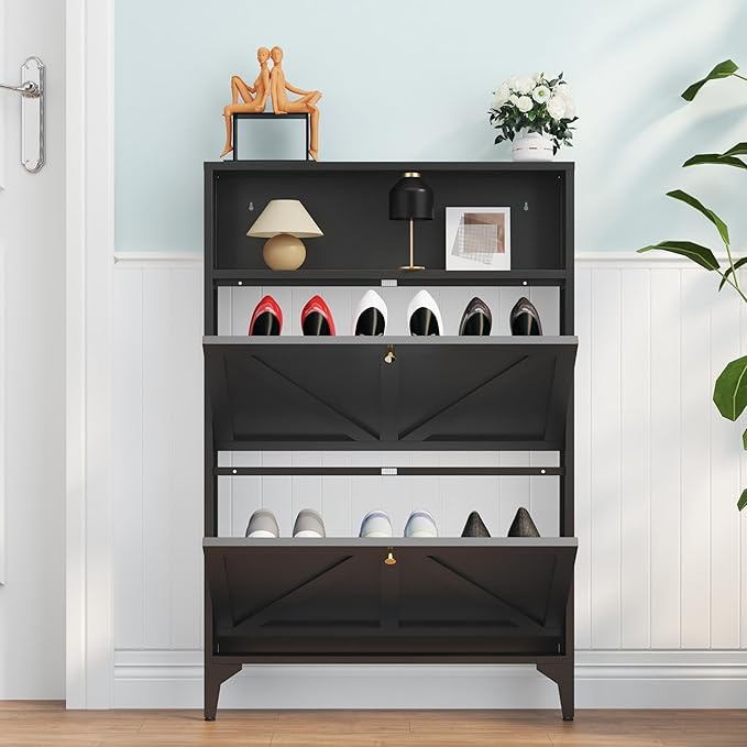 Shoe Cabinet with 2 Flip Drawers, Farmhouse Shoe Organizer, Narrow Shoe Rack Cabinet, Freestanding Shoe Storage Cabinet with Open Storage for Entryway, Foyer, Hallway, Black (2 Door, Black)