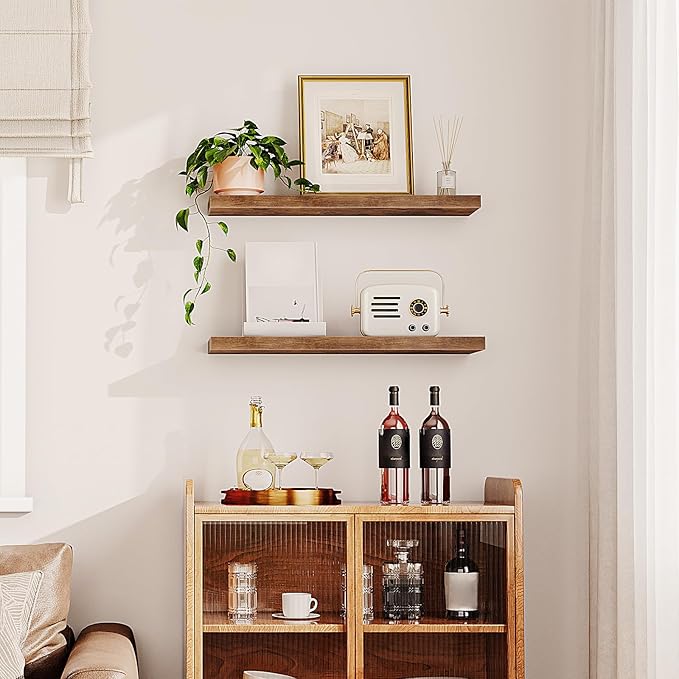 HOOBRO Floating Shelves for Wall, Wall Mounted Shelf Set of 2, 31.5" Hanging Shelf with Invisible Brackets, for Wall in Bathroom, Bedroom, Toilet, Kitchen, Living Room, Office, Rustic Brown BF80BJP201-NeatNest