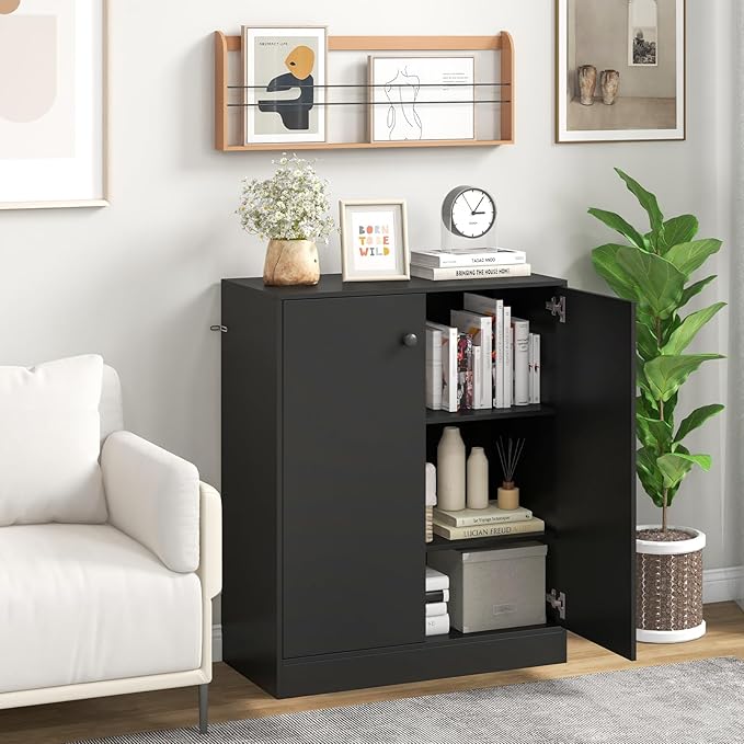 Giantex 2 Door Storage Base Cabinet - Freestanding Floor Cabinet with 3-Tier Shelf, Non-Slip Foot Pads, Kitchen Cupboard Storage Organizer for Living Room, Hallway, Entryway, Office (Black)