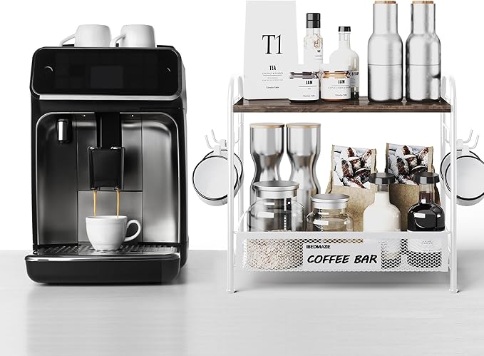 Coffee Bar Organizer for Countertop Station, Simple Assembly 2 Tier Shelf for Home,Office, Coffee Cup Holder Storage Organization for Counter Accessory Storage Rack with 4 Hooks Space-Saving-NeatNest