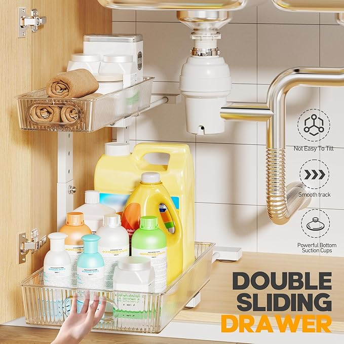 2 Pack Under Sink Organizer, 2-Tier Pull Out Cabinet Organizer, Elegant Acrylic Under Sink Storage Shelf for Kitchen Bathroom Cabinet, L-Shaped Adjustable Height for Maximum Space Efficiency-White-NeatNest