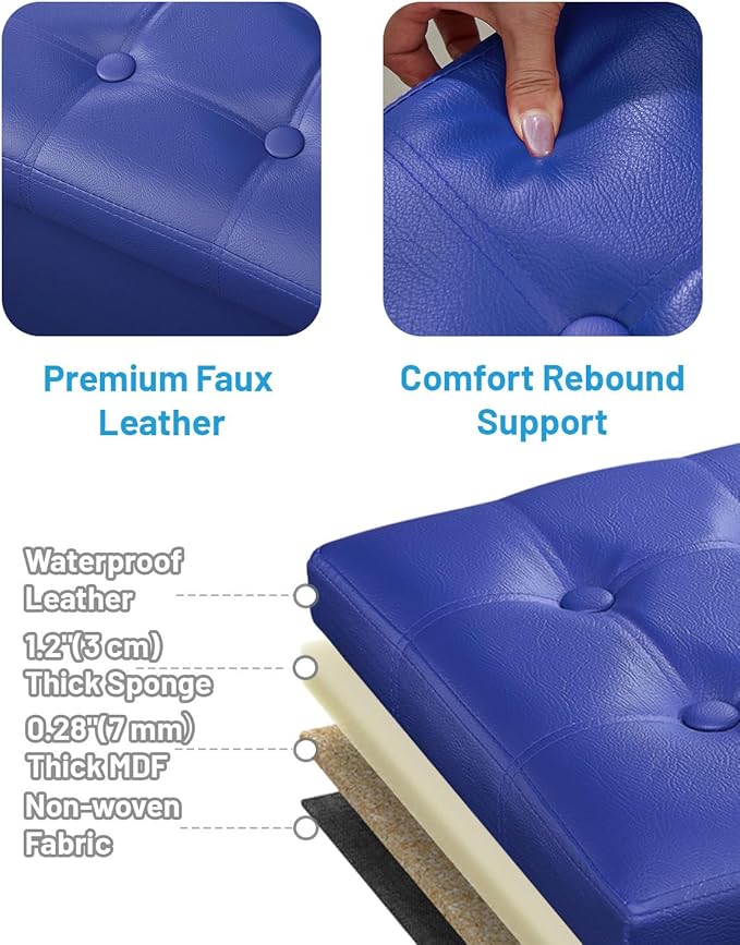 AmasSmile Storage Ottoman Folding Foot Rest Stool, Leather Footstool Bench, Short Ottoman Stool, Storage Foot Rest Store, Books (Blue-2pc, 17" D x 13" W x 13" H)-NeatNest