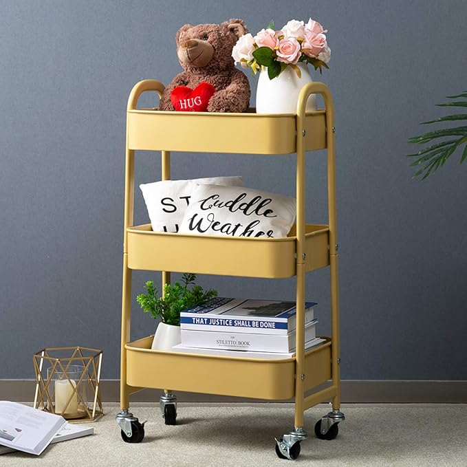 AGTEK Makeup Cart, Movable Rolling Organizer Cart, Khaki Yellow 3 Tier Metal Utility Cart-NeatNest
