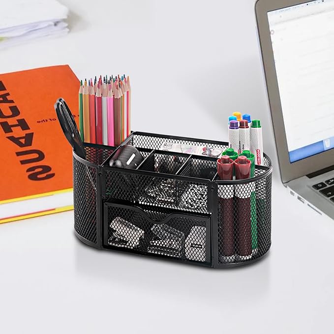 Comix Mesh Pen Pencil Holder Desk Organizer, 8 Compartment and 1 Drawer Wire Desktop Pen Pencil Cup Caddy Office Supplies Accessories for Home Office School, Black-NeatNest