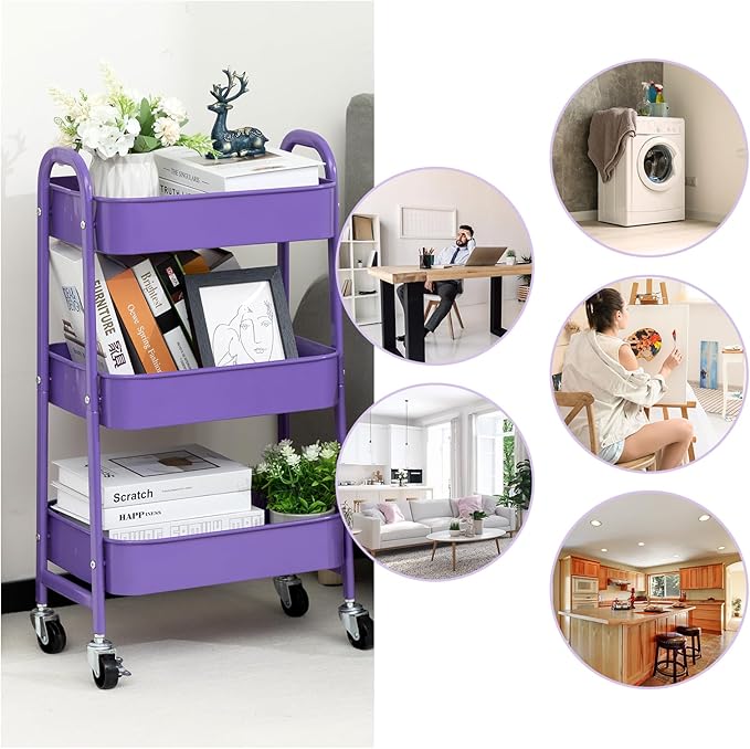 AGTEK Makeup Cart, Movable Rolling Organizer Cart, 3 Tier Metal Utility Cart with Lockable Wheels for Home & Office, Violet-NeatNest