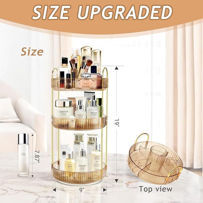 360 Rotating Makeup Organizer for Vanity,3 Tier Large Capacity Skincare Organizers,Bathroom Counter Organizer, transparent Spinning Perfume Organizer & Vanity Organizer (NEW-GOLD, 3 Tier)-NeatNest