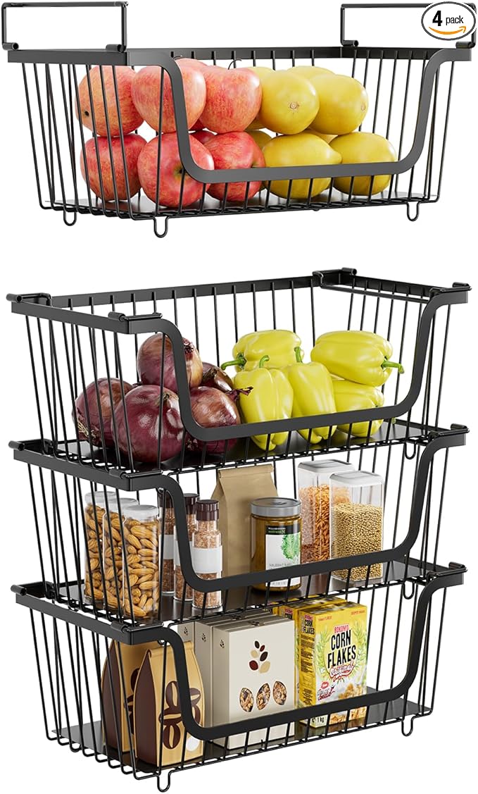 4 Pcs Stackable Wire Baskets for Pantry Organizers and Storage,Kitchen Storage Metal Baskets,Produce Potato Onion Storage Bin,Vegetable Fruit Basket for Countertop,Black