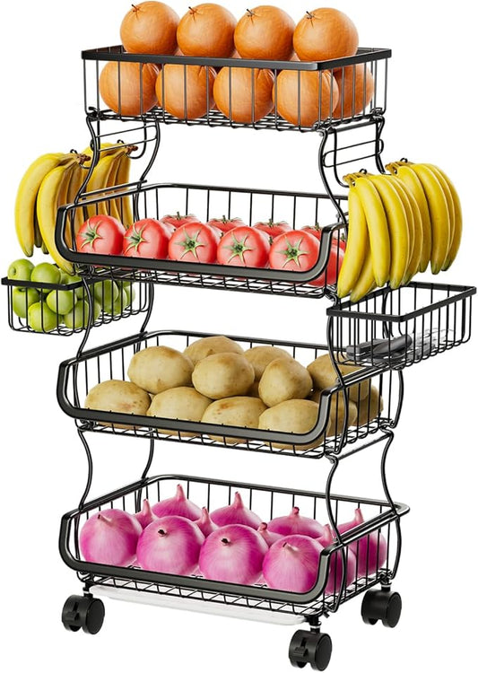 Simple Trending 4 Tier Rolling Cart, Stackable Fruit Vegetable Basket with Wheels and 2 Hanging Basket, Kitchen Storage Metal Wire Basket Stand for Vegetable Snacks, Black