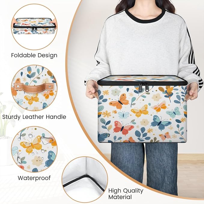 Butterfly Storage Bins with Zipper Lid, Boho Floral Lidded Storage Baskets Boxes Foldable Organizer with Leather Handles for Clothes Closet Shelf Toys-NeatNest